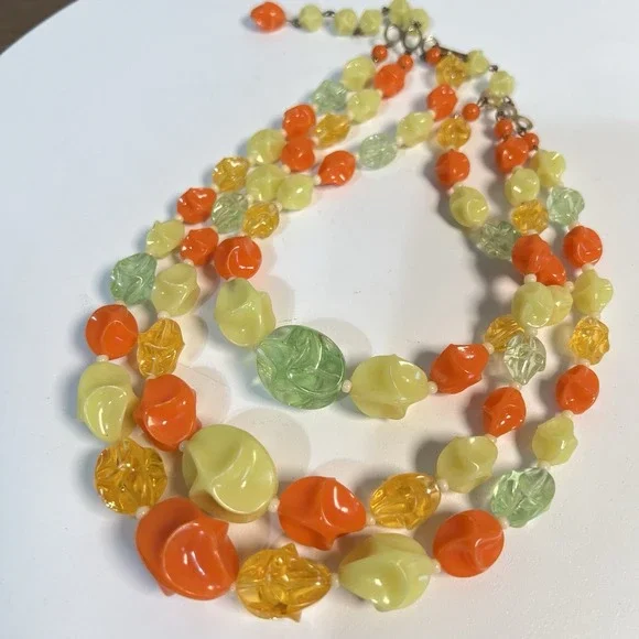 Retro 1960s Colorful West German Vintage Beads Multi Strand Yellow Orange Green - Picture 6 of 8